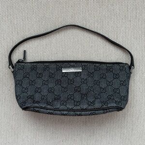 Vintage Black Gucci Denim Monogram Shoulder Pochette Bag with silver hardware
